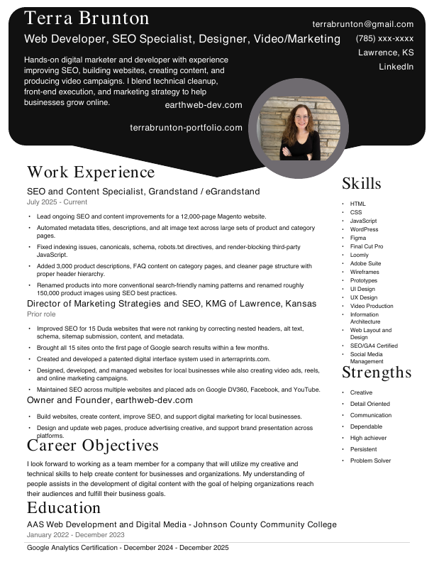Full one-page resume for Terra Brunton